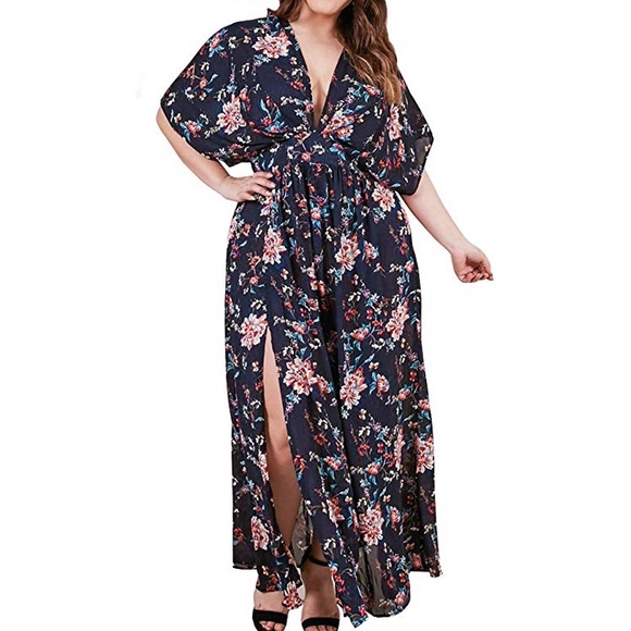 Dresses | Plus Size Blue Floral Maxi Dress | Poshmark